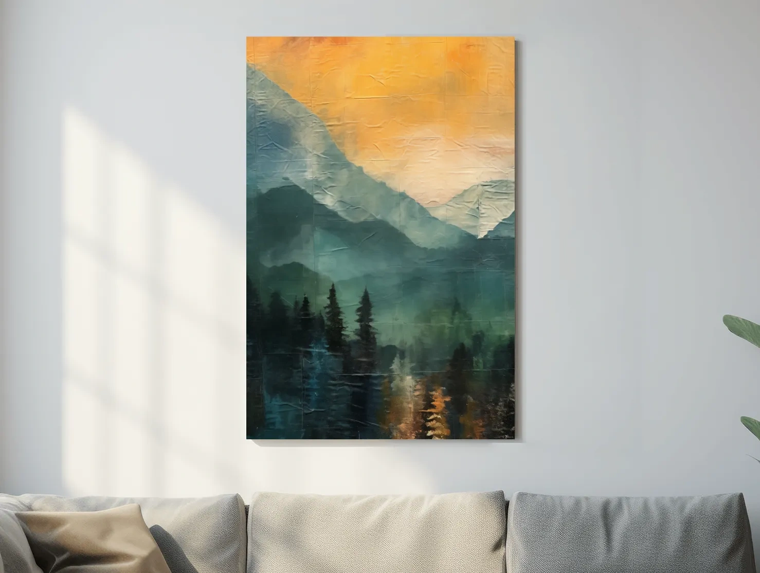 Rustic Misty Mountain Lake Reflection - Textured Watercolor Style Sunset Wall Art
