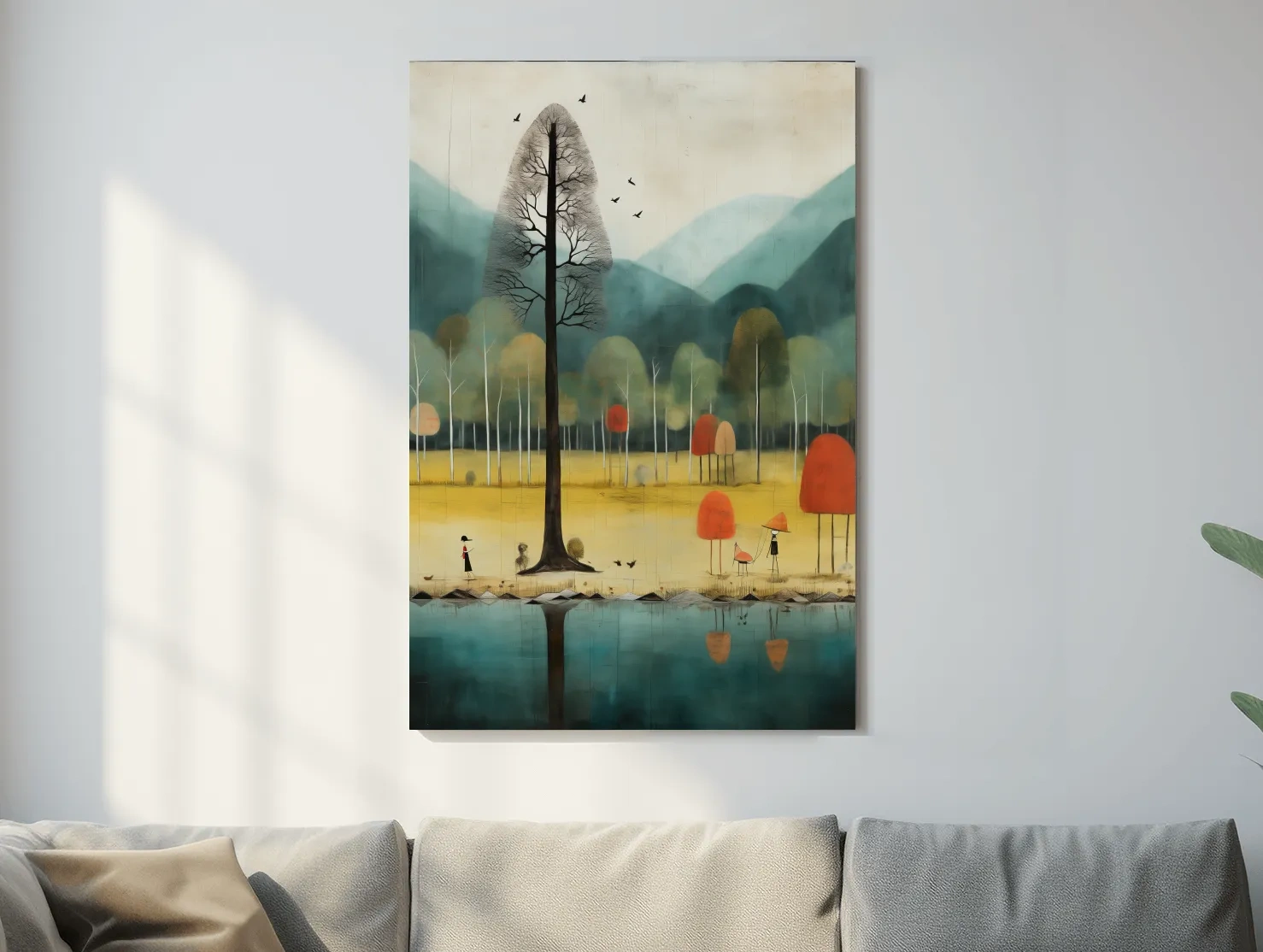 Whimsical Autumn Forest Lake Landscape - Quirky Nature Wall Art