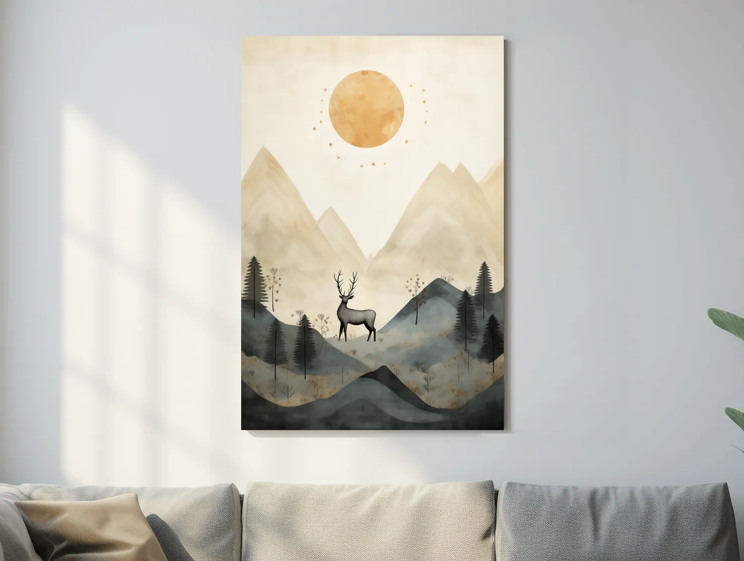 Deer standing in the forest under the night sky, quirky illustration art