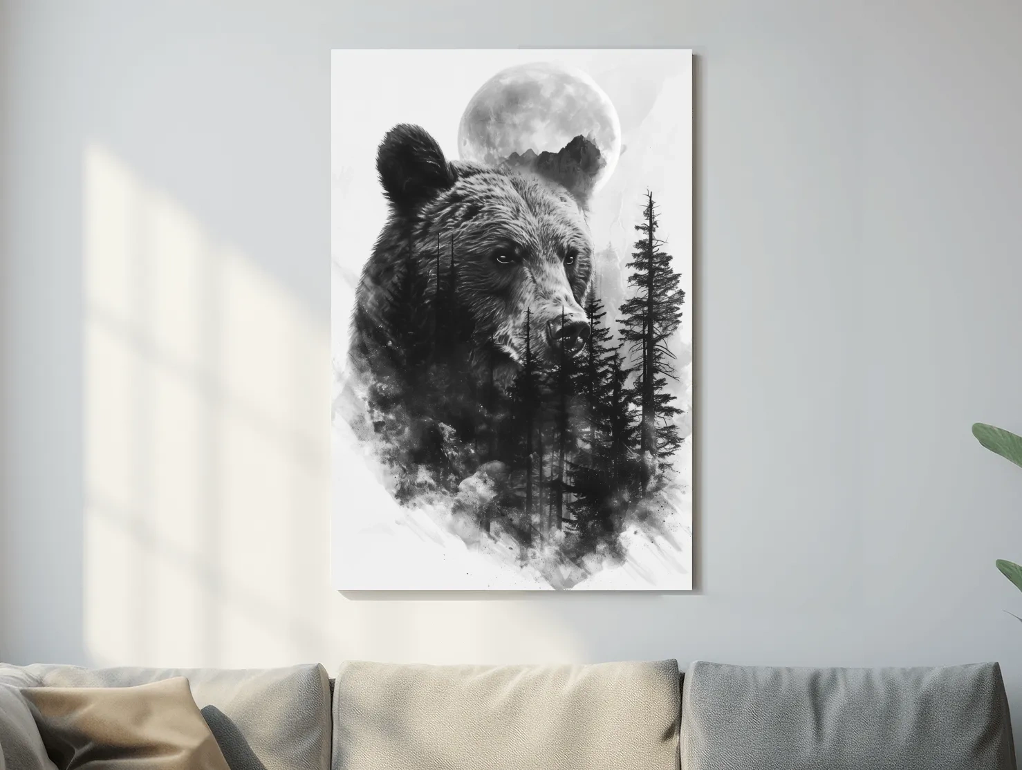 Grizzly Bear Moon Forest Drawing - Black And White Double Exposure Wildlife Wall Art