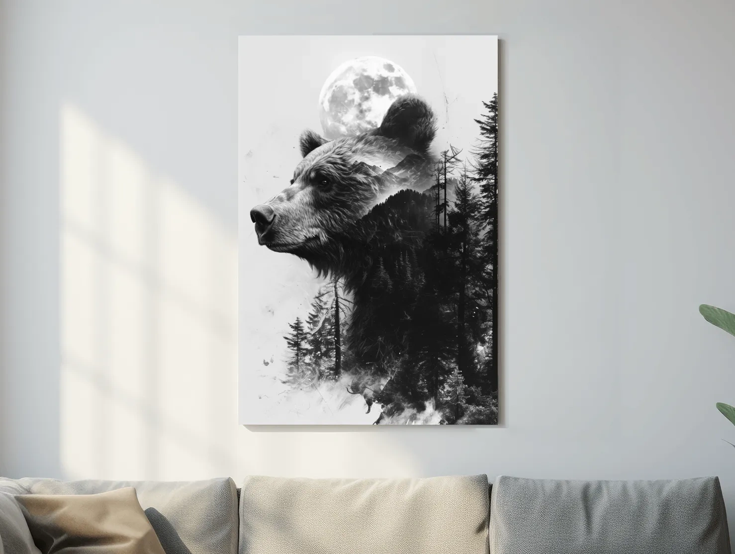Grizzly Bear Double Exposure Drawing - Moonlit Pine Forest Wildlife Wall Art