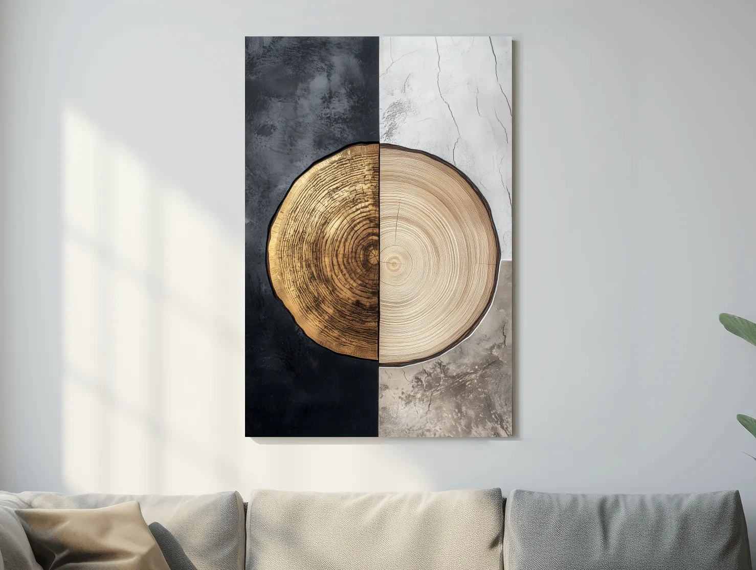 Split Marble And Charcoal Wood Slice - Modern Rustic Tree Ring Wall Art