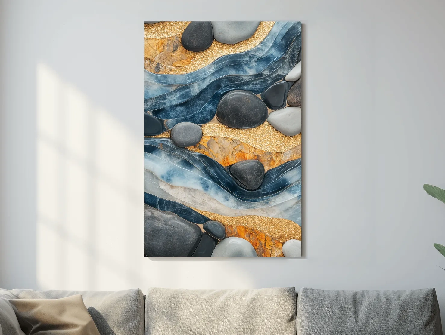 Abstract Blue River Stone Mosaic - Modern Pebble Texture Wall Art