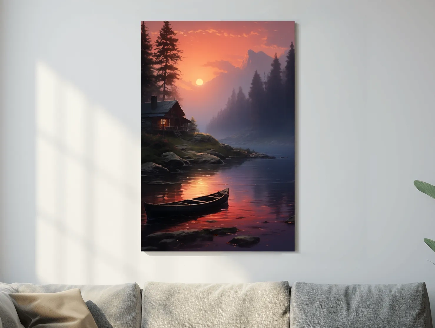 Lakeside Cabin Sunset Landscape - Cinematic Mountain Lake Wall Art