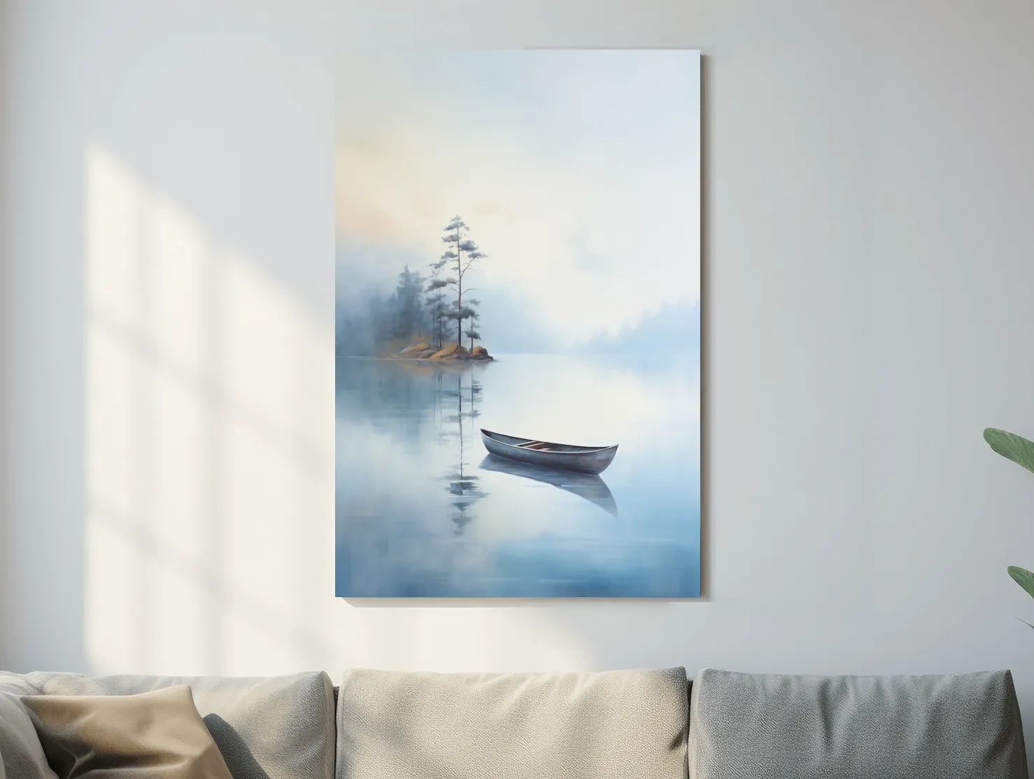 Misty Lake Canoe Painting - Serene Minimalist Watercolor Wall Art