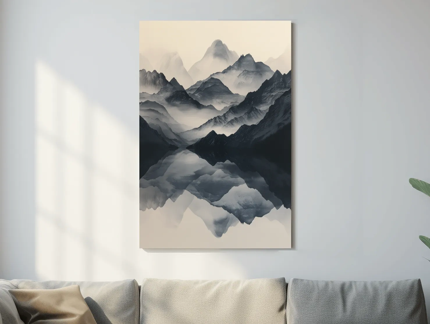 Monochrome Misty Mountain Reflection Landscape - Minimalist Japandi Wall Art