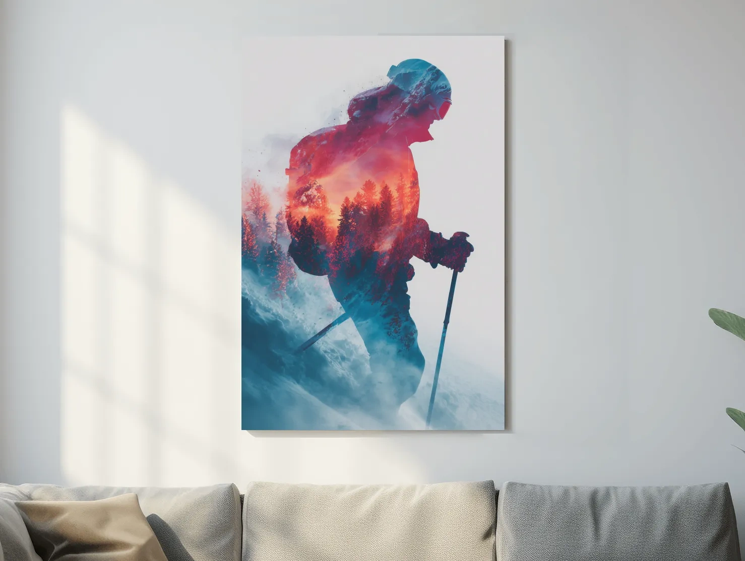 Double Exposure Skiier Silhouette Forest Sunset - Adventure Mountain Landscape Artwork