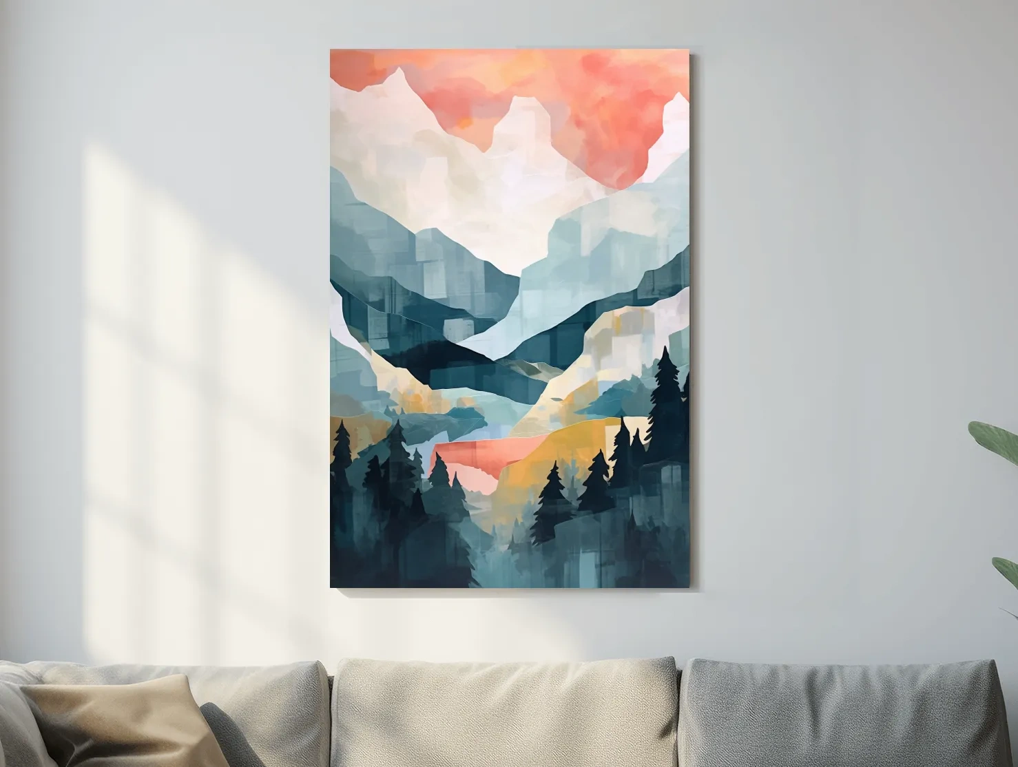 Abstract Watercolor Alpine Mountains At Sunrise - Modern Forest Landscape Artwork