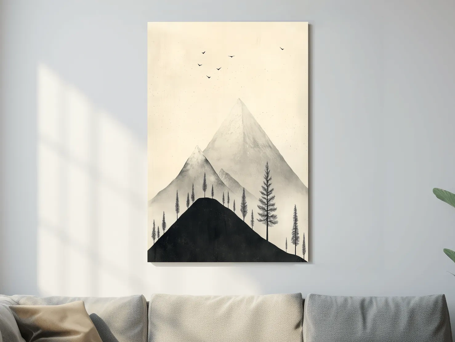 Minimalist Misty Mountain Peaks With Pine Trees - Monochrome Scandinavian Landscape Artwork