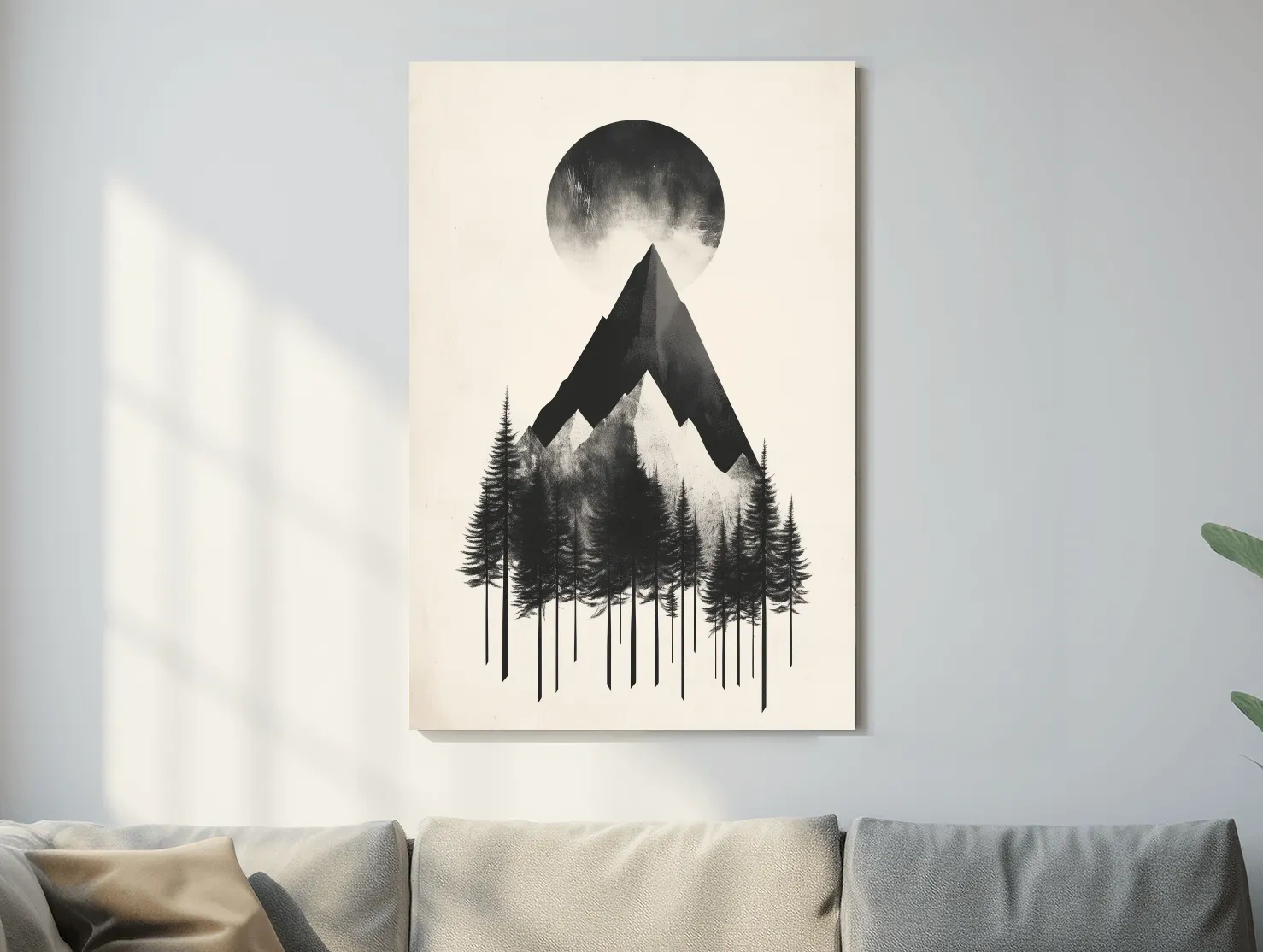 Minimalist Monochrome Mountain Peak & Pine Forest - Modern Scandinavian Style Wall Art