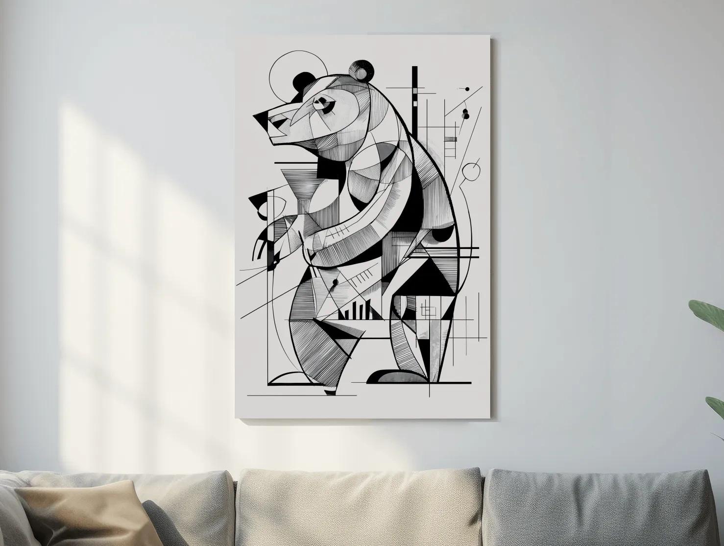 Cubism Abstract Bear Artwork - Modern Black And White Wildlife Wall Art
