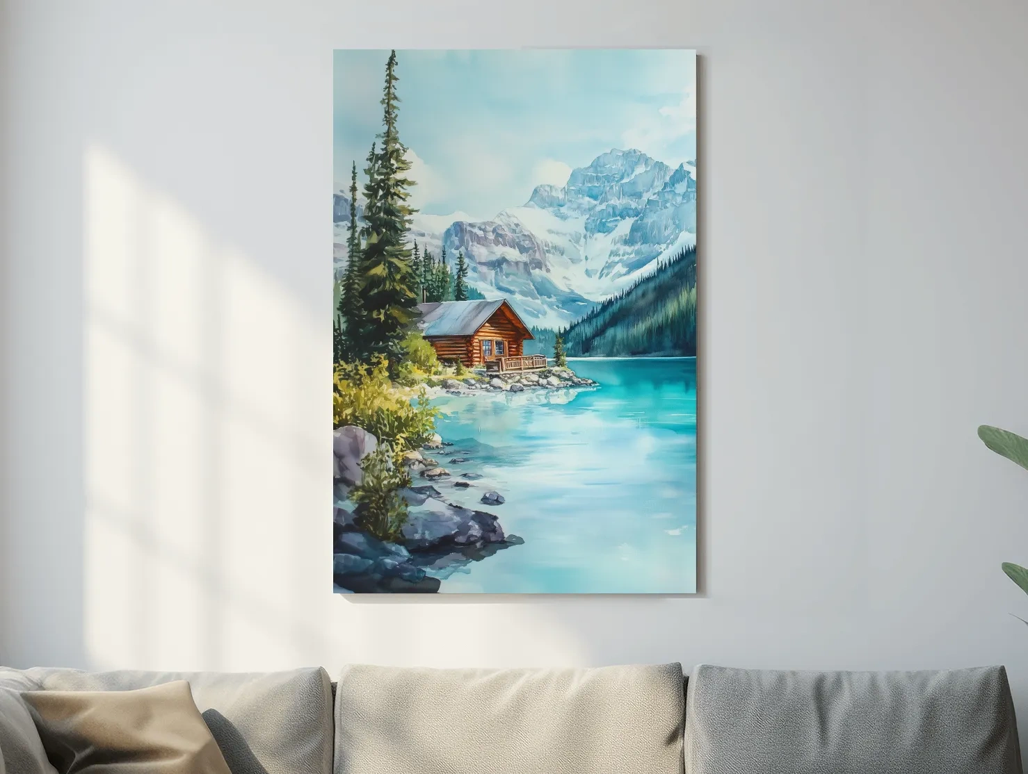 Turquoise Alpine Lake Cabin Watercolor - Serene Snowy Mountain Wall Art