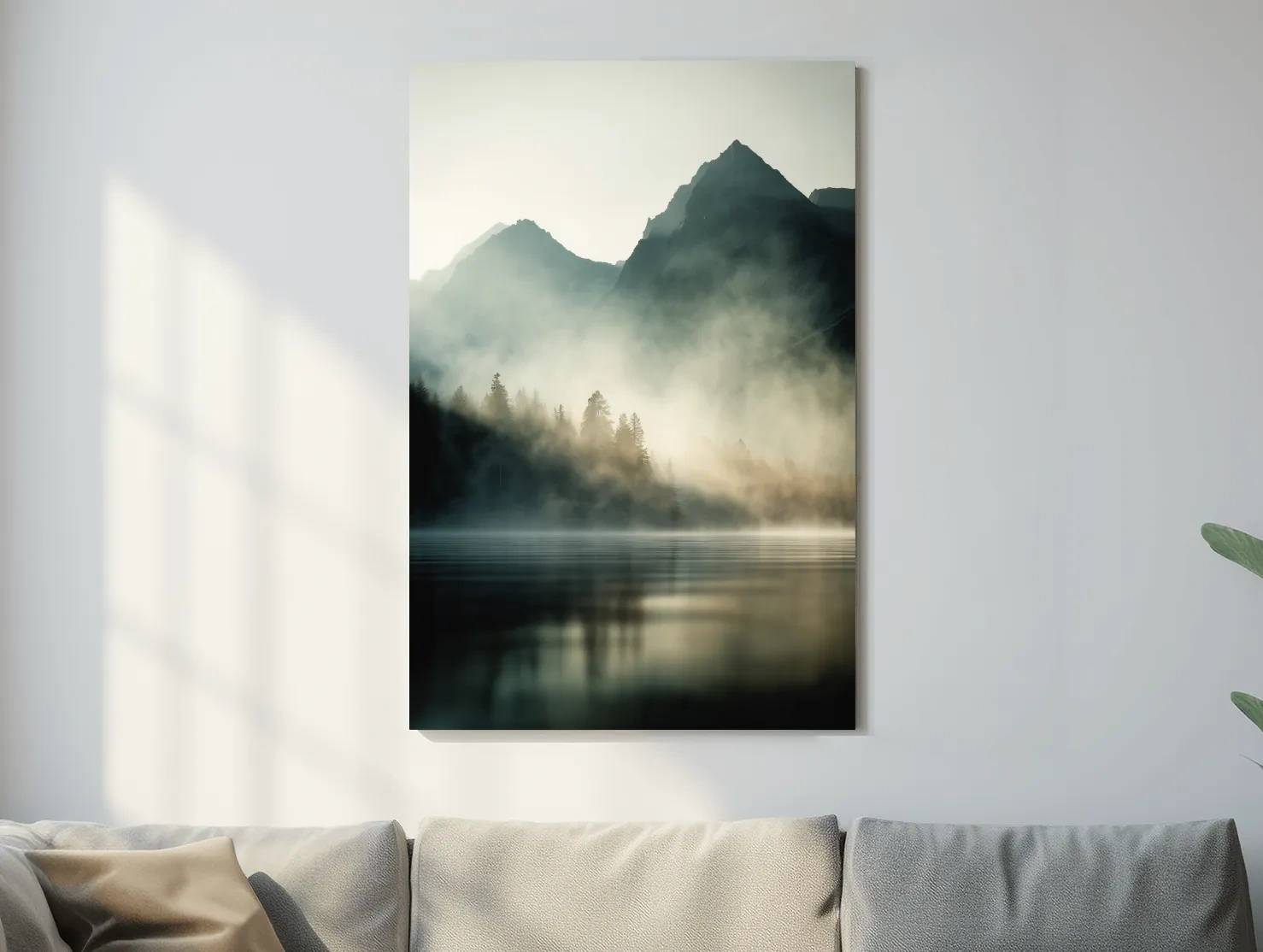 Moody Misty Mountain Lake Landscape - Serene Foggy Pine Forest Wall Art