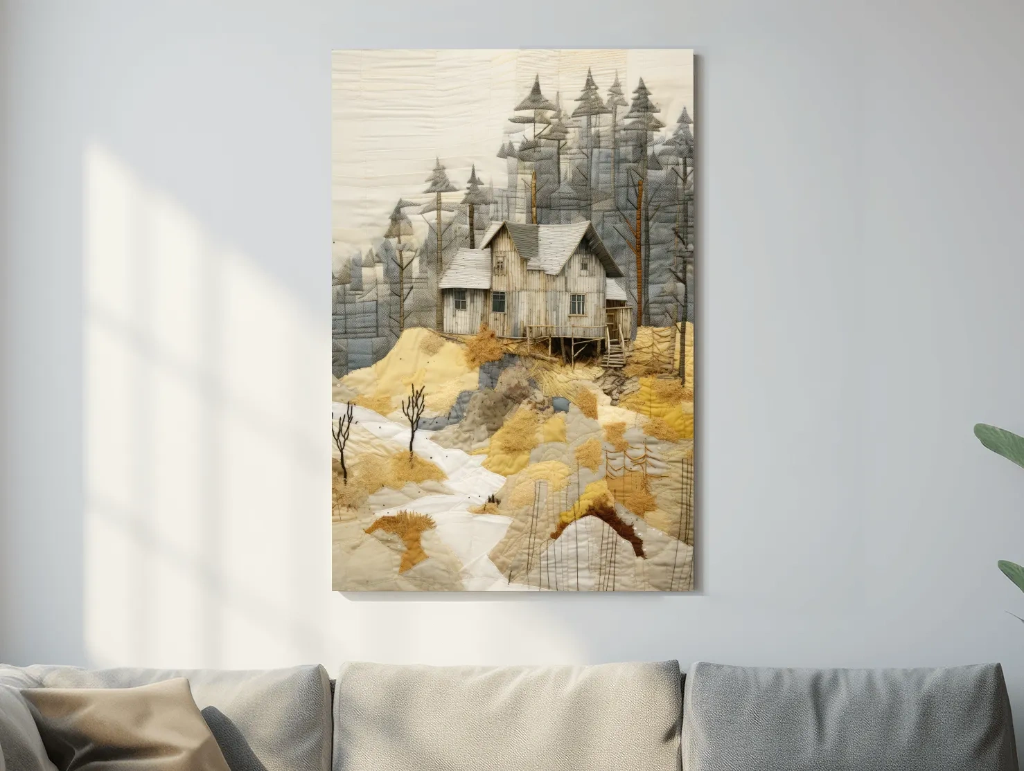 Rustic Woodland Cabin Landscape Quilt Art - Patchwork Style Mixed Media Wall Art