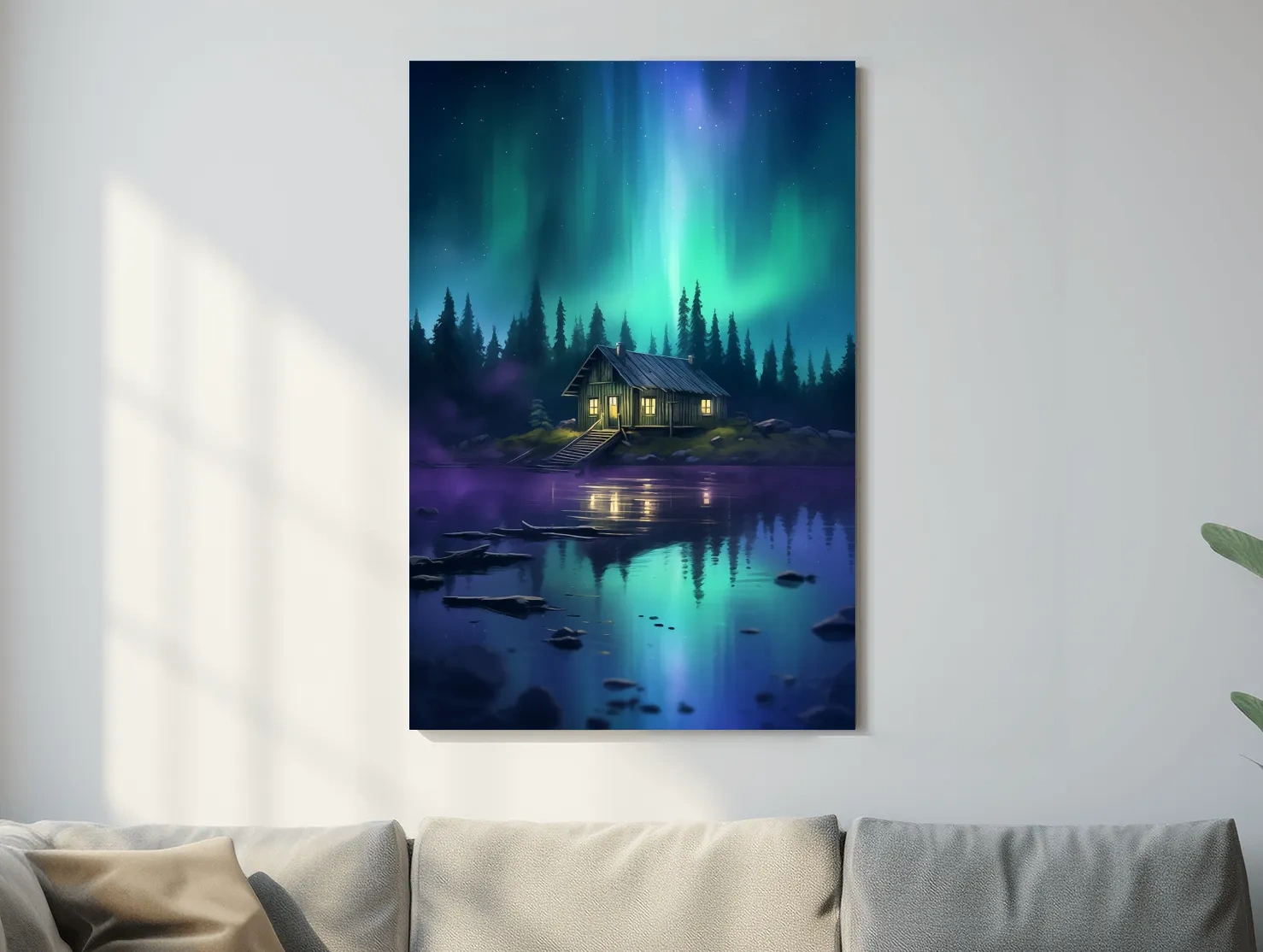 Vibrant Northern Lights Cabin Lake Painting - Aurora Borealis Night Wall Art