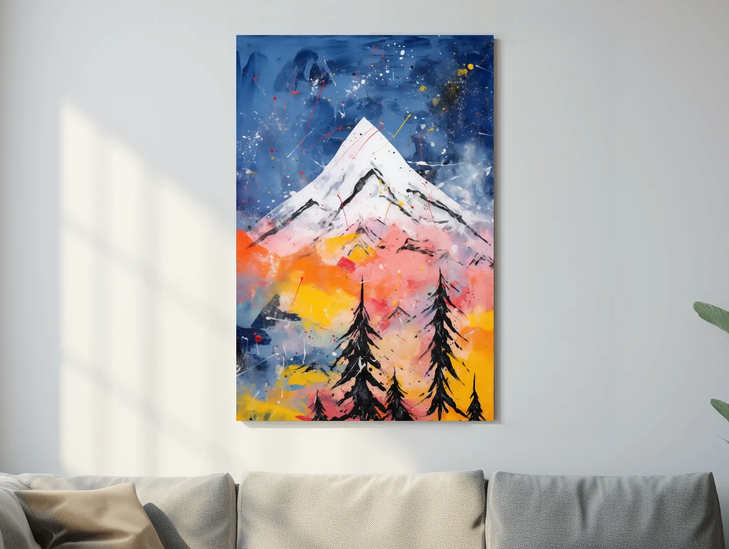 Vibrant Abstract Mountain Peak Sunset Painting - Colorful Acrylic Splash Forest Wall Art