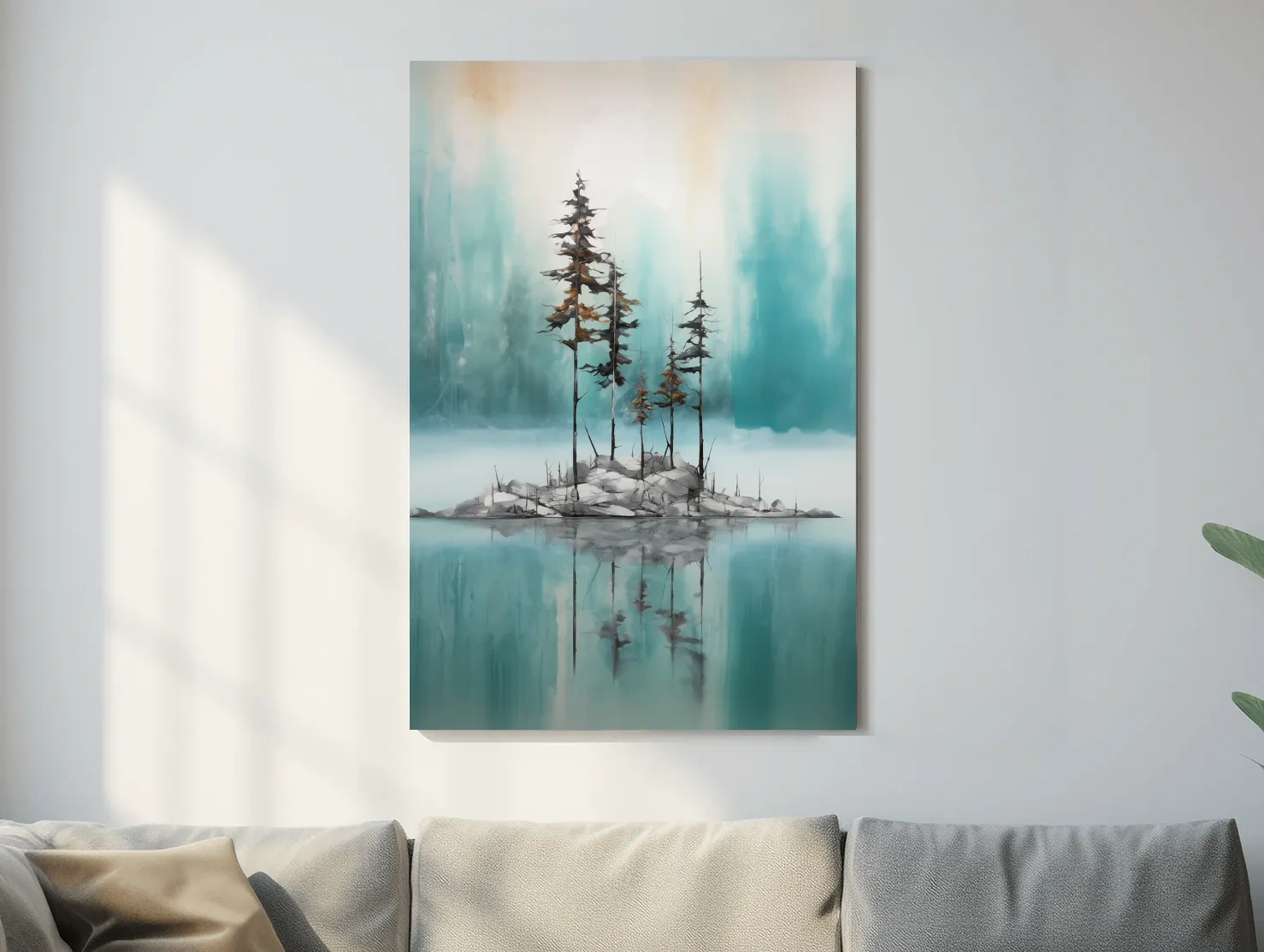 Misty Pine Trees Reflection - Watercolor Turquoise Alpine Lake Wall Art