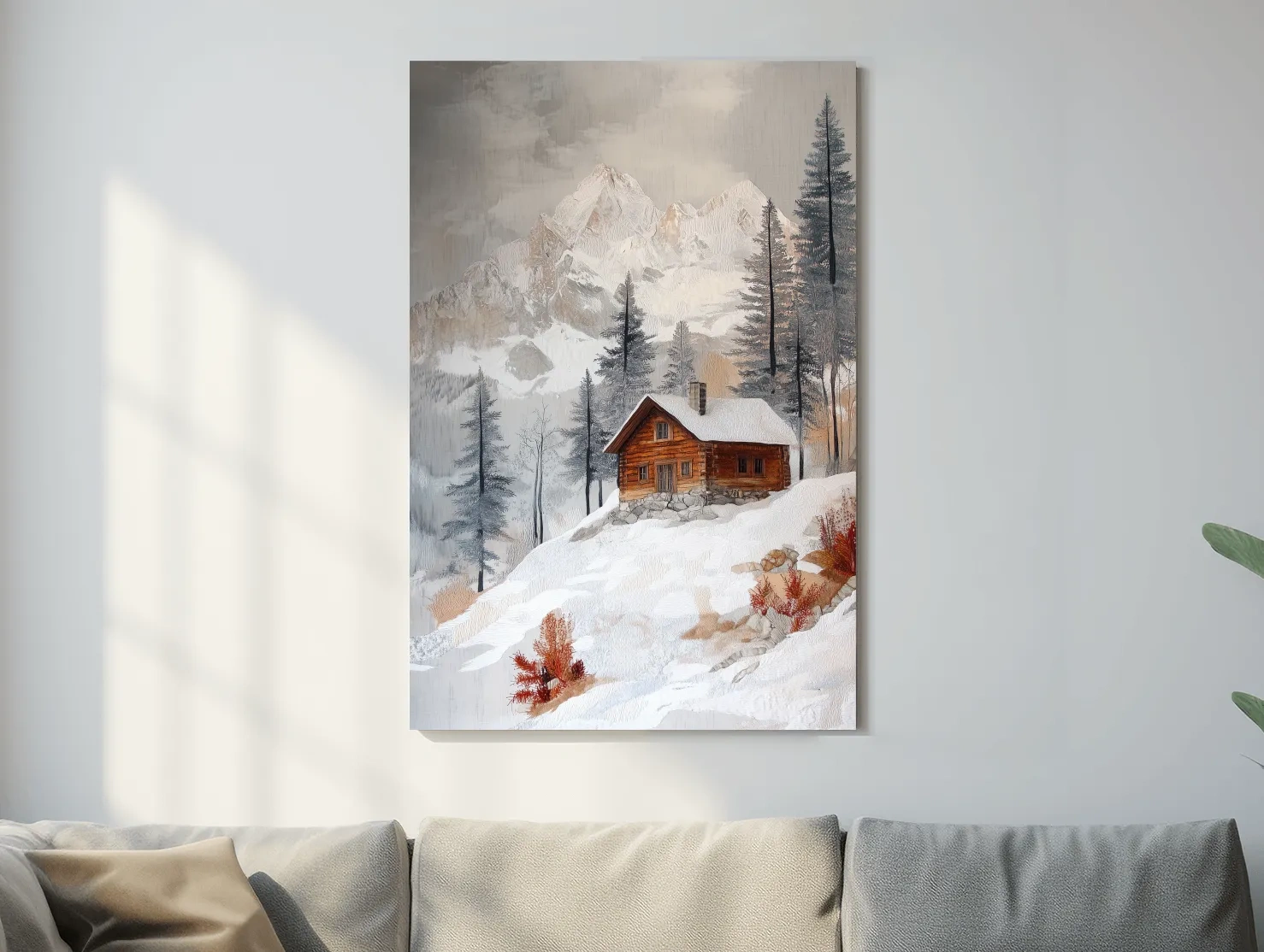Snowy Mountain Cabin Landscape Painting - Rustic Winter Wilderness Wall Art