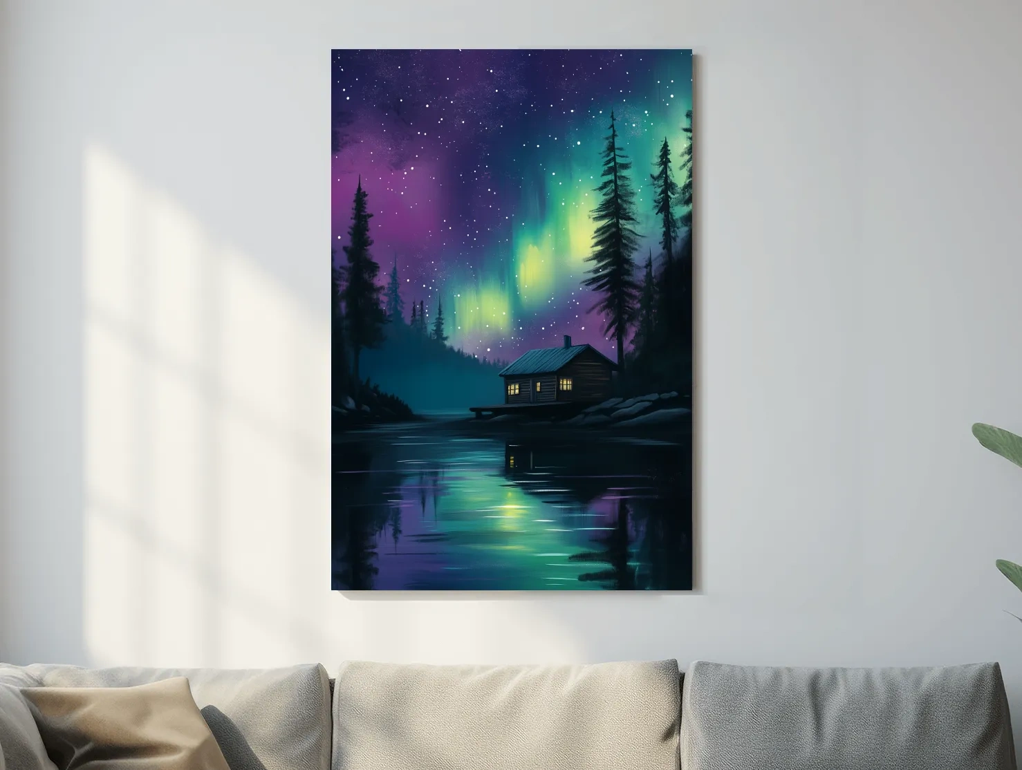 Aurora Borealis Lake Cabin Painting - Northern Lights Wall Art