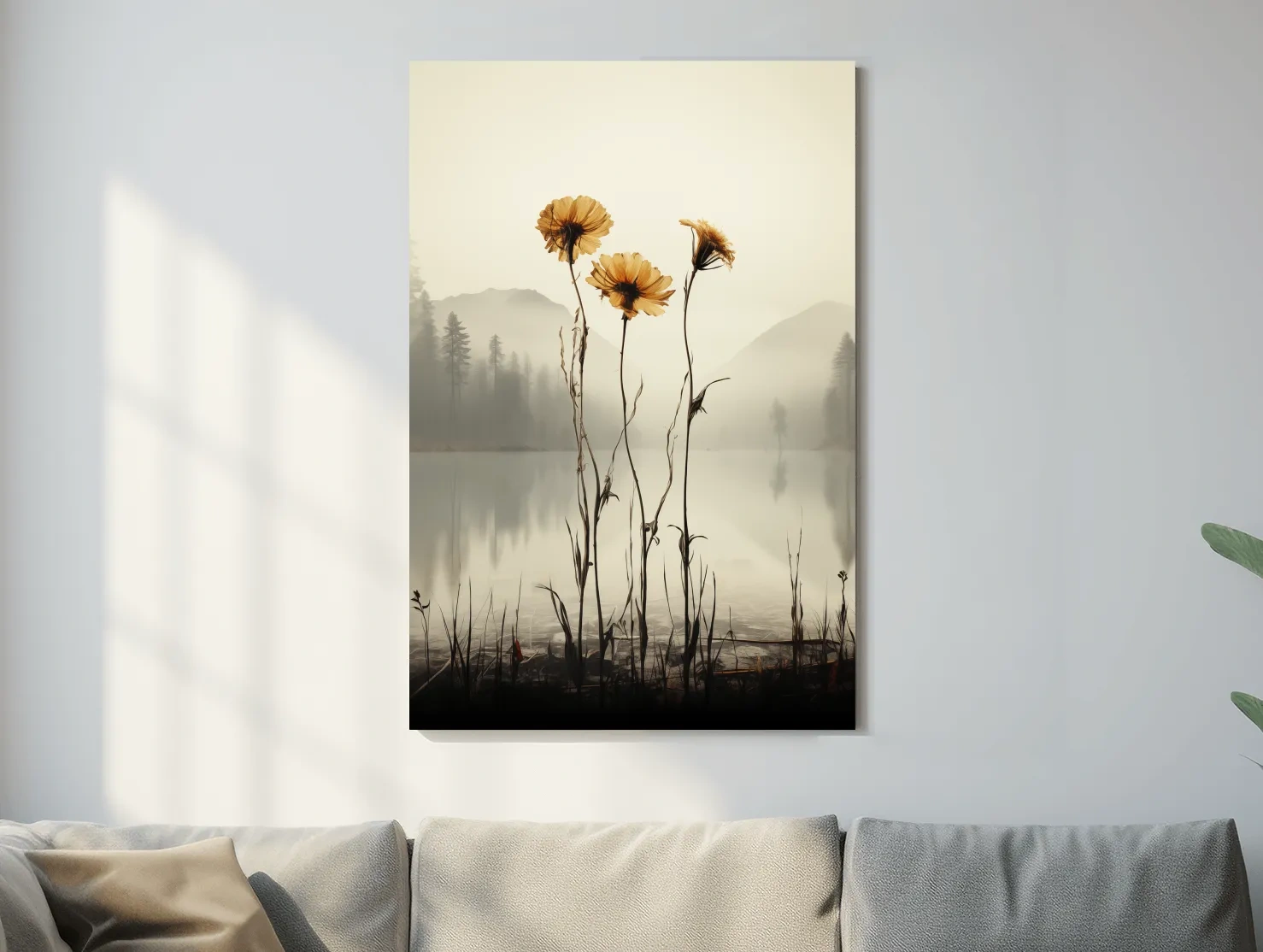 Wildflower Misty Lake Landscape - Minimalist Botanical Wall Art