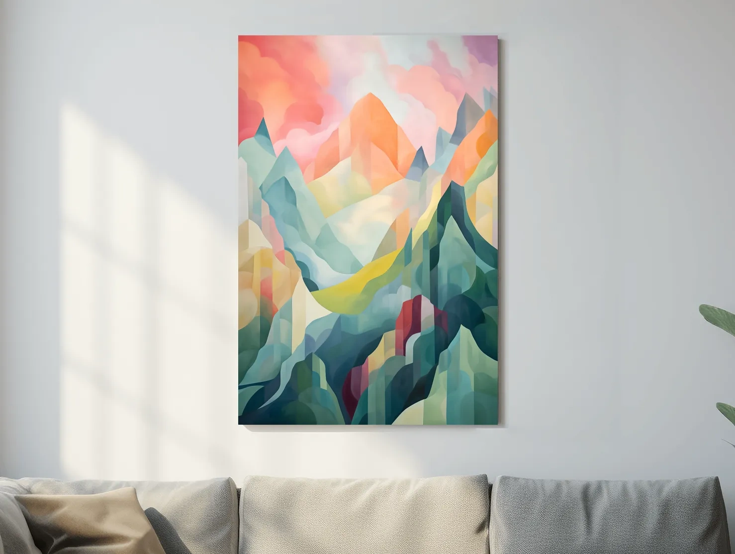 Vibrant Abstract Pastel Mountain Sunset - Geometric Watercolor Style Wall Art