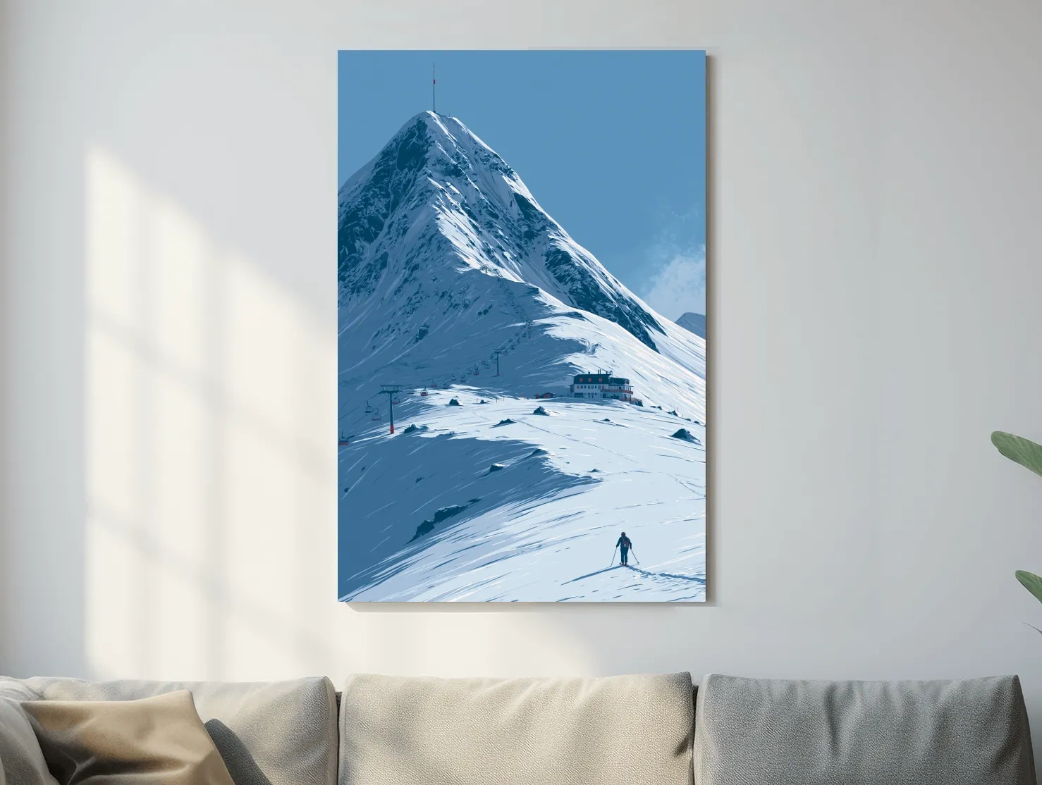 Alpine Mountain Skier Artwork - Minimalist Winter Landscape Wall Art