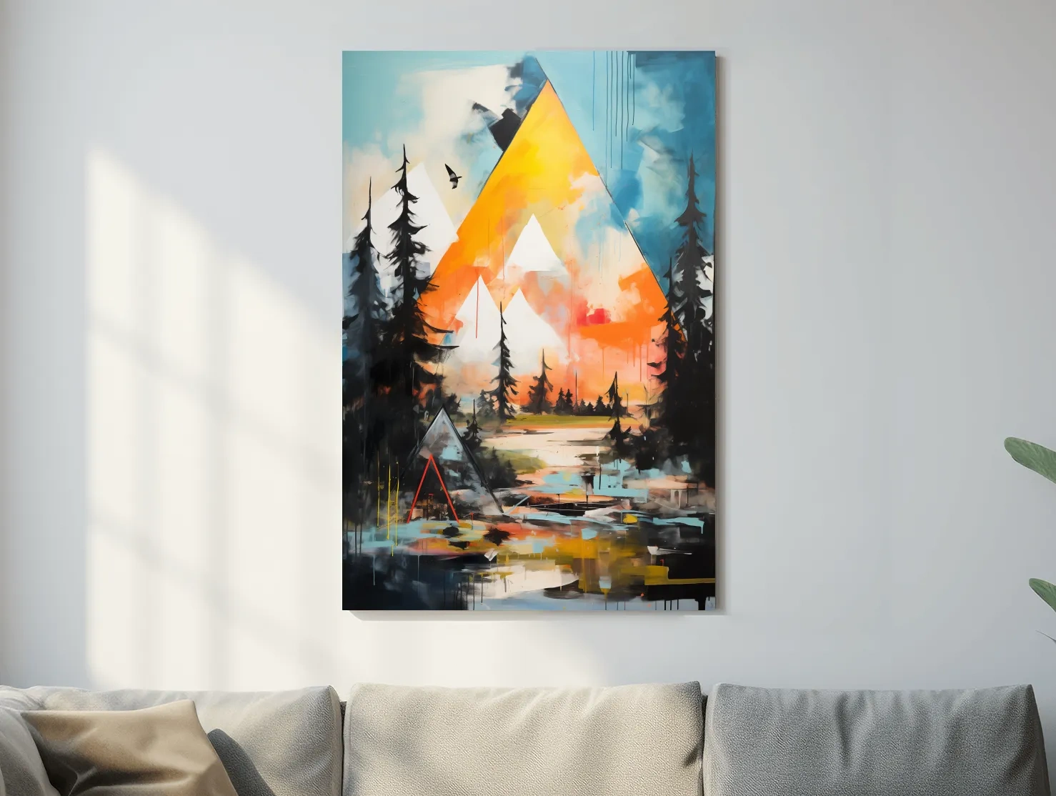 Vibrant Abstract Mountain Painting - Modern Geometric Alpine Forest Wall Art
