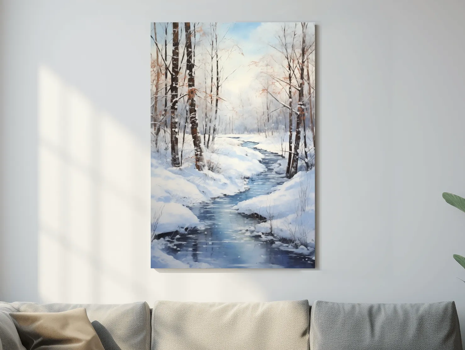 Serene Winter River Forest Painting - Snowy Woodland Wall Art