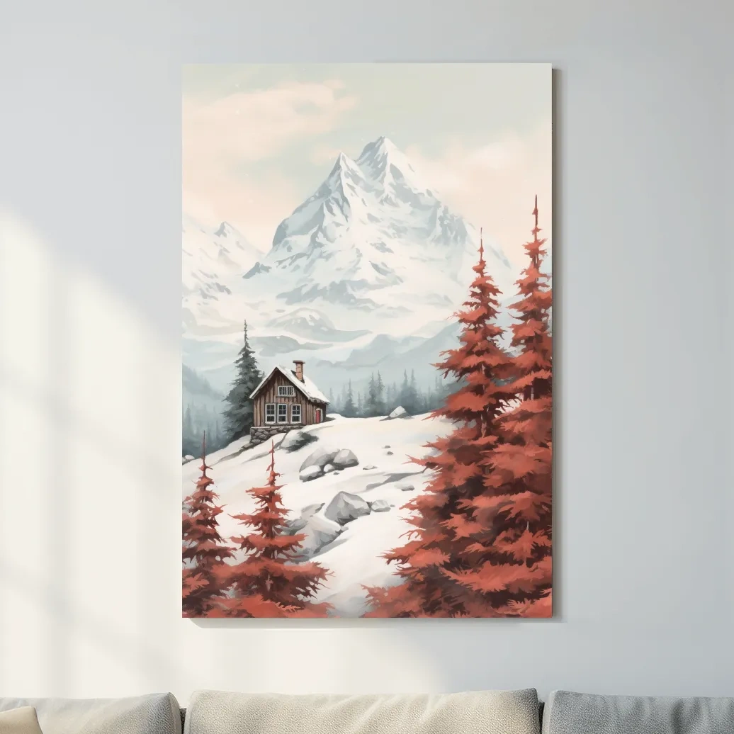 Painting of a snowy alpine scene, red fall leaves, an alpine cabin and glacier