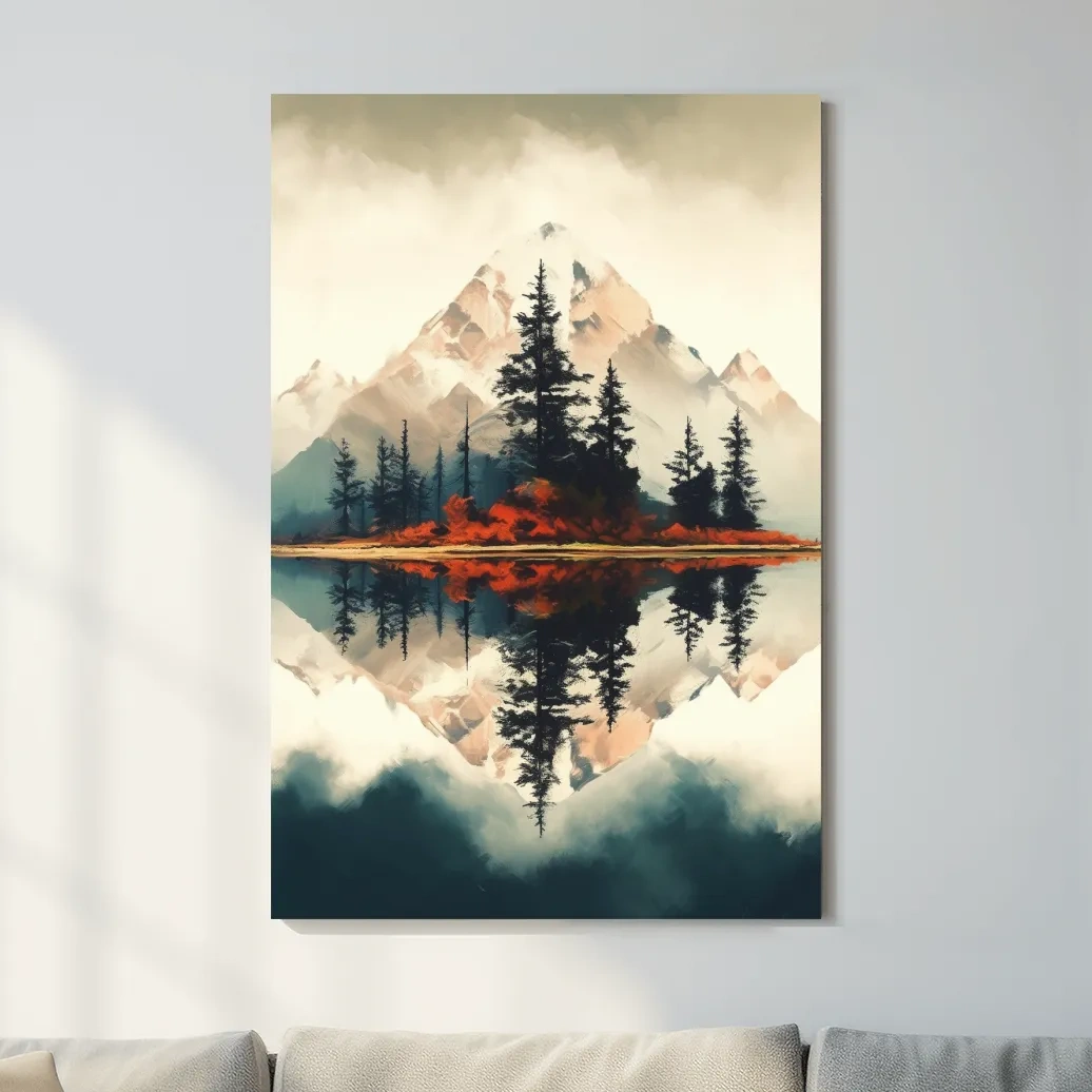 Minimal mountain art, trees by an alpine lake