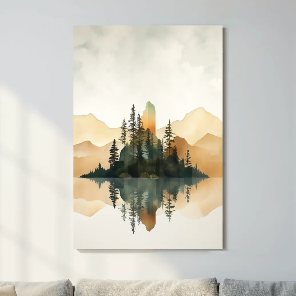 Alpine Mountain Lake Reflection Watercolor - Serene Pine Forest Wall Art