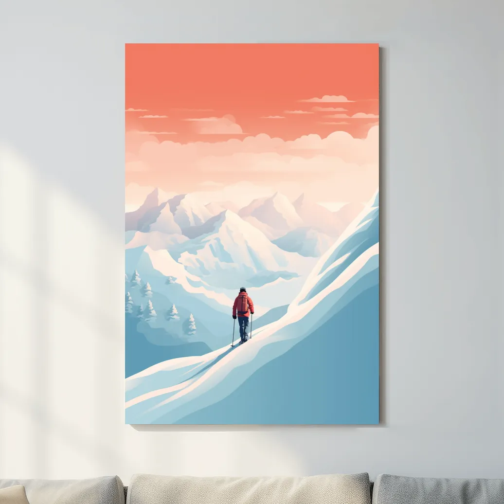 Backcountry skier in the mountains at sunset, minimal vector artwork