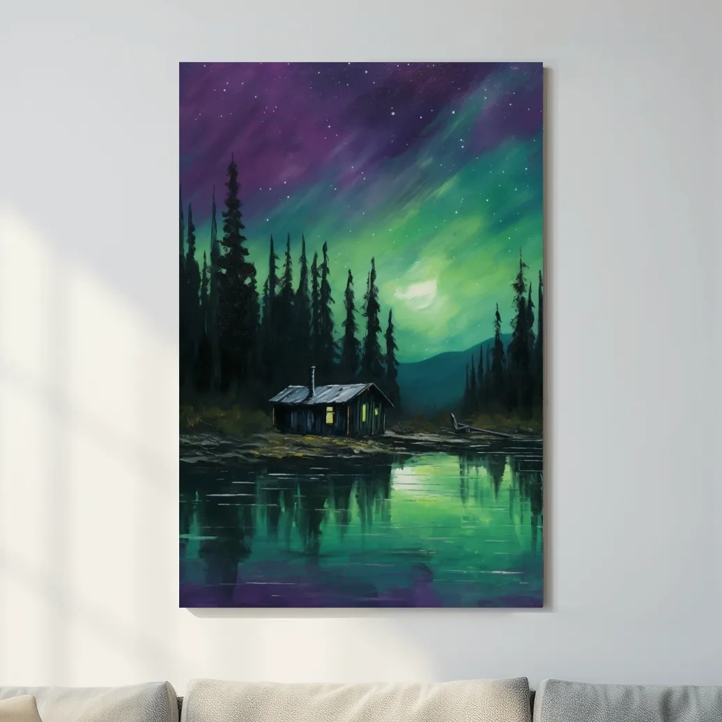 Painting of cabin by a lake under the northern lights night sky