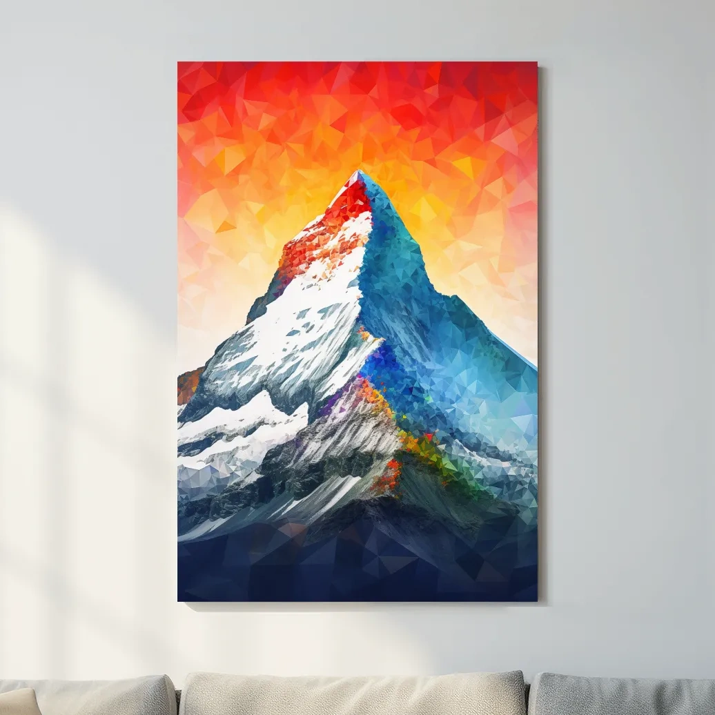 Vibrant abstract mountain painting, sunset over a glacier