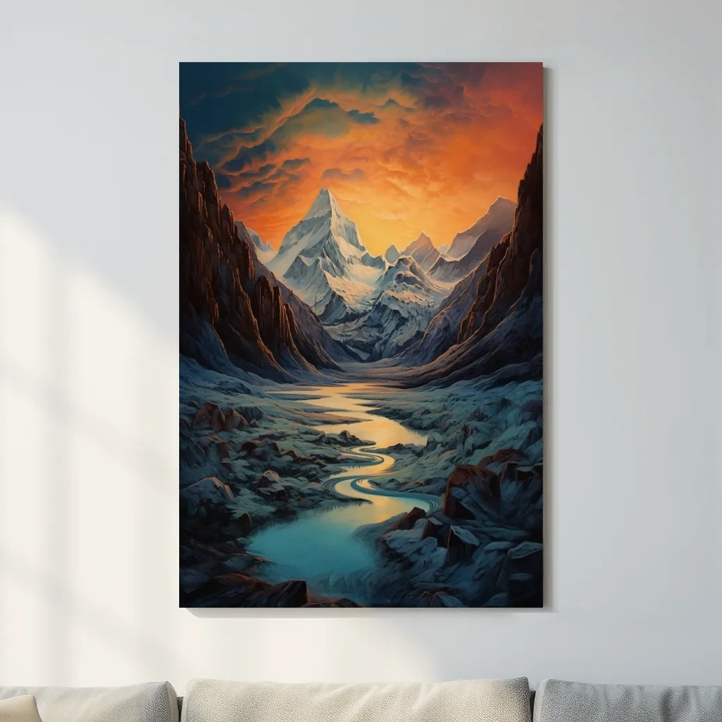 Oil painting of a glacier at sunset