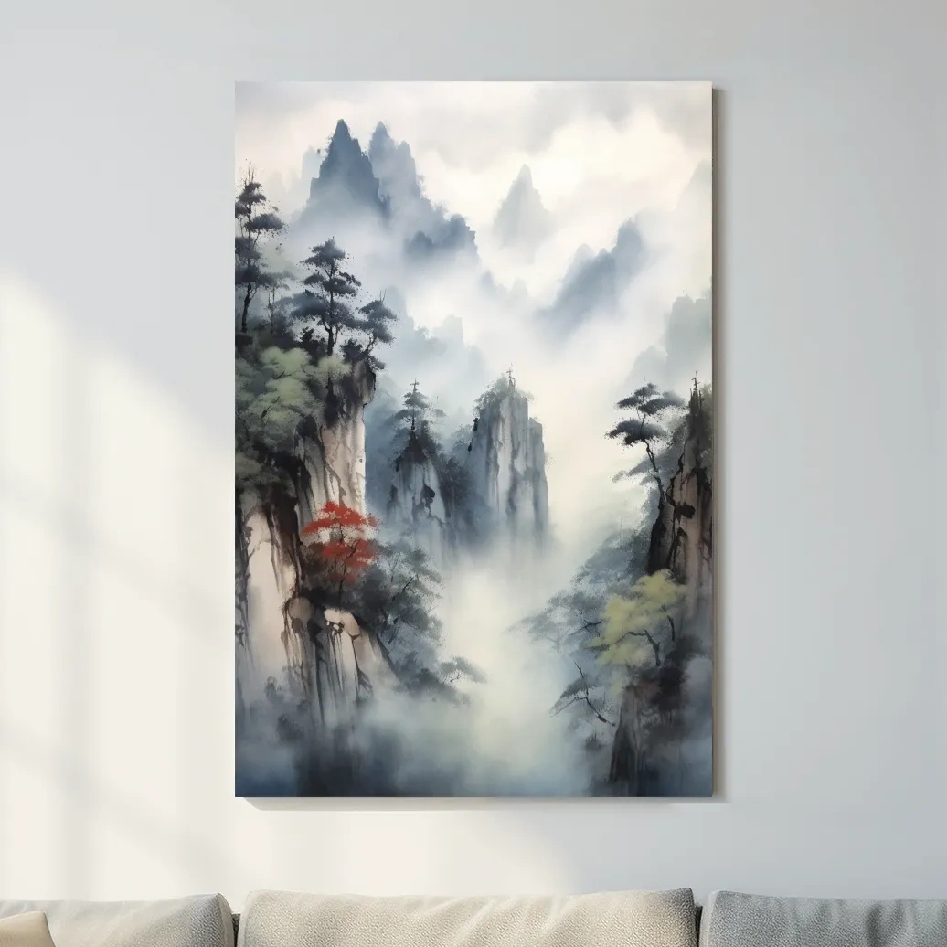Chinese ink wash style watercolour painting of a misty mountain landscape