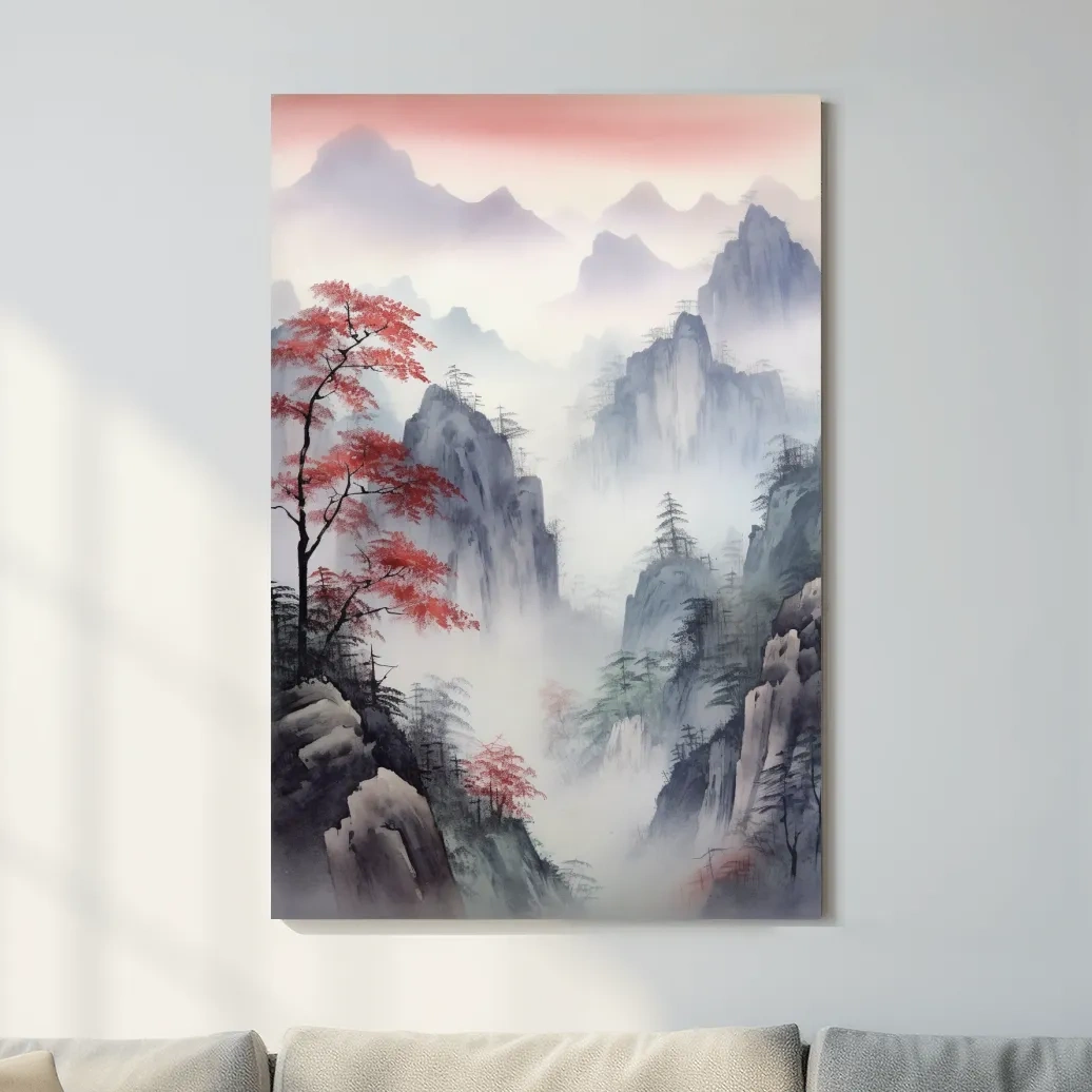 Chinese style ink wash watercolour painting of a foggy mountain scene