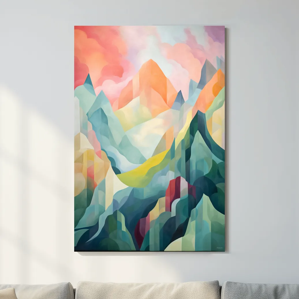 Abstract painting of mountains at sunset