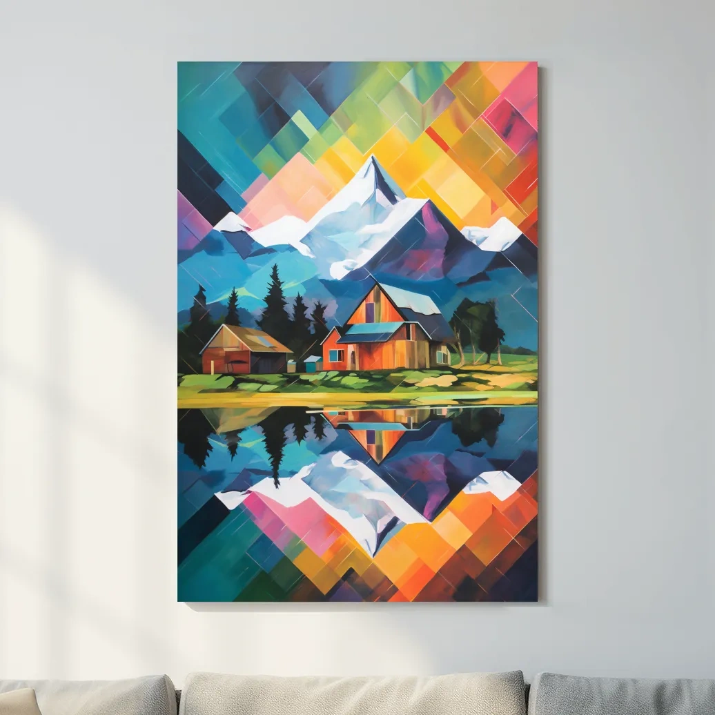 Vibrant abstract painting of a cabin by a glacier and lake