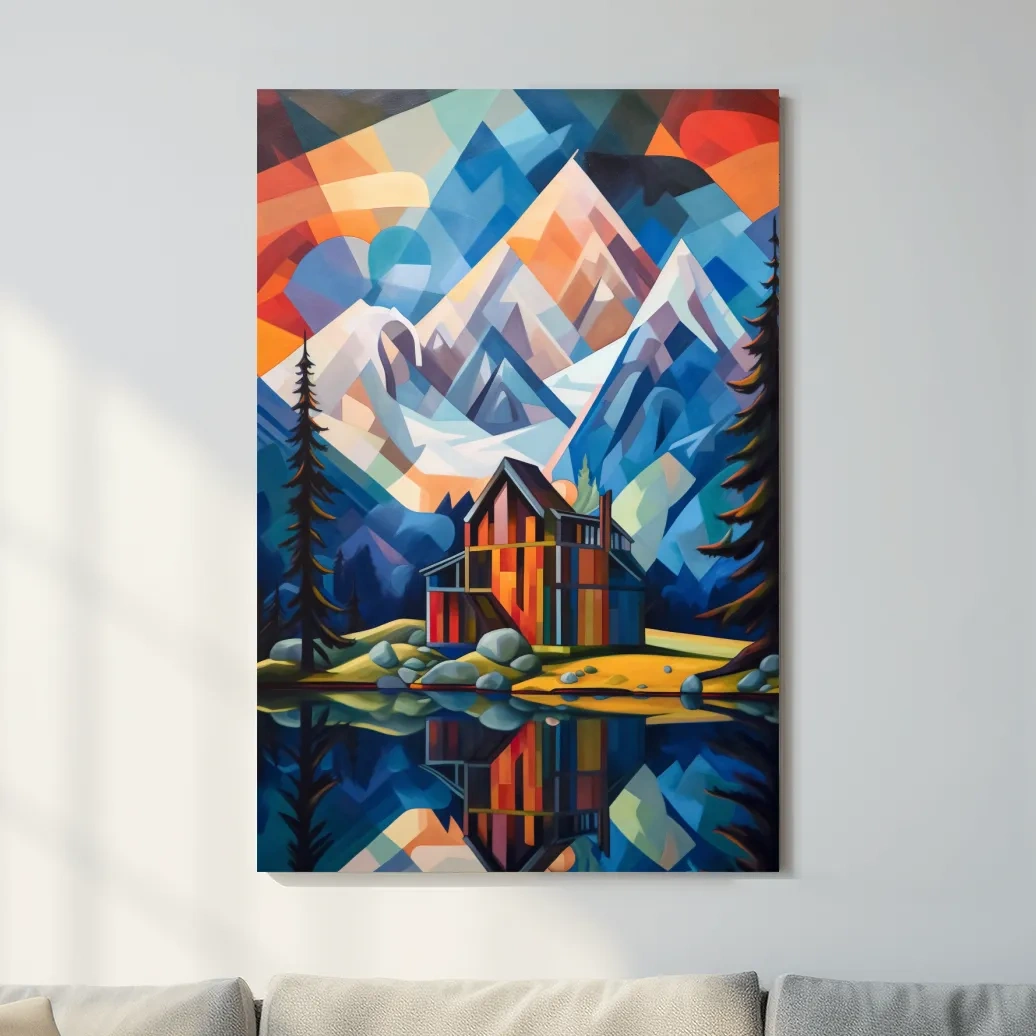 Abstract painting of a cabin by a lake