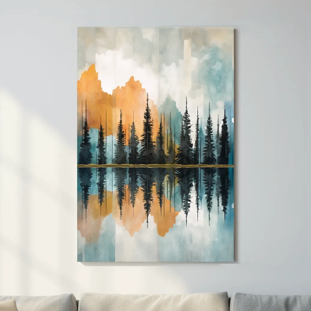 Abstract watercolour painting of trees along a lake