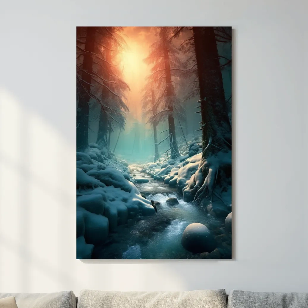 Photographic wall art, a stream running through the snow