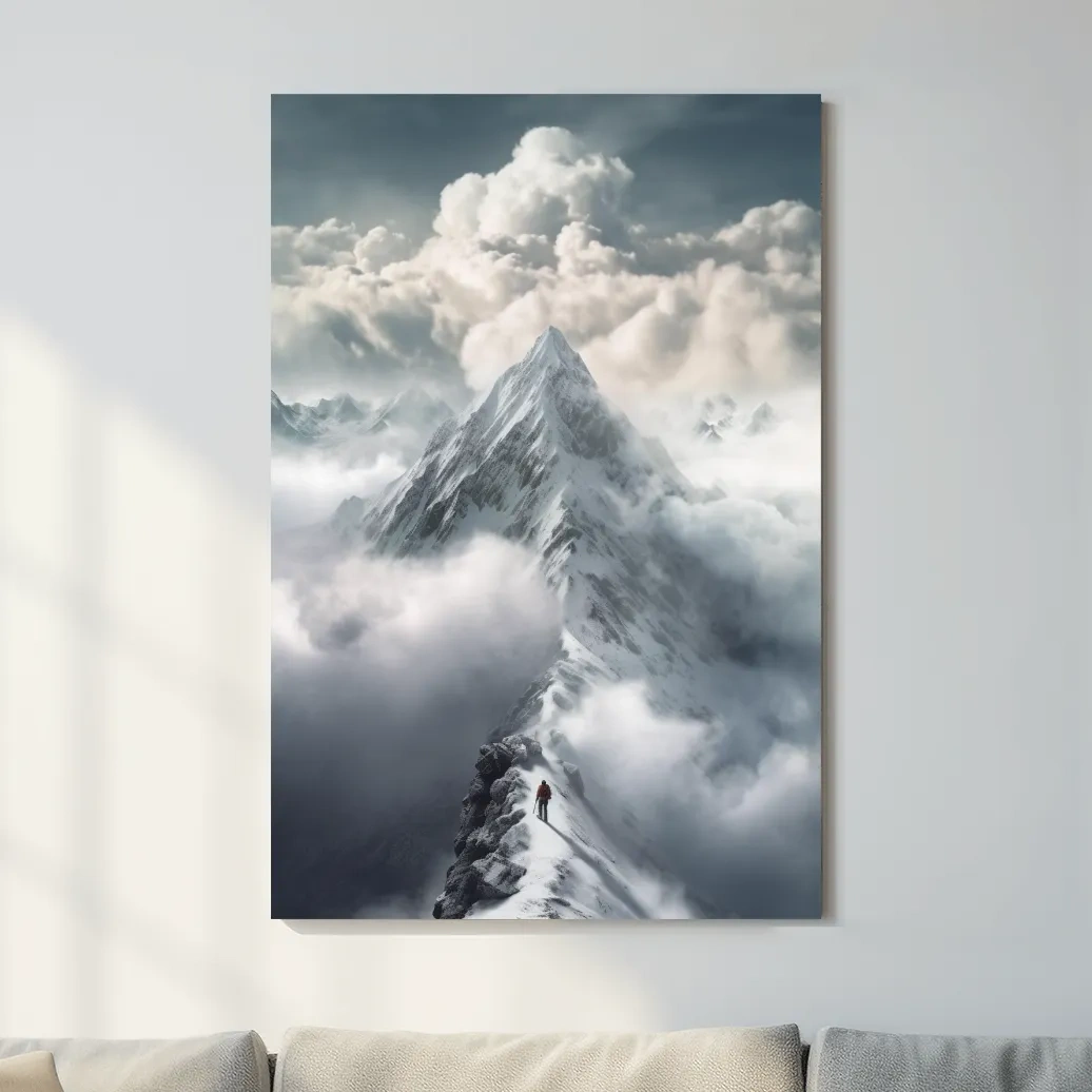 Painting of a person approaching the summit of a snowy mountain
