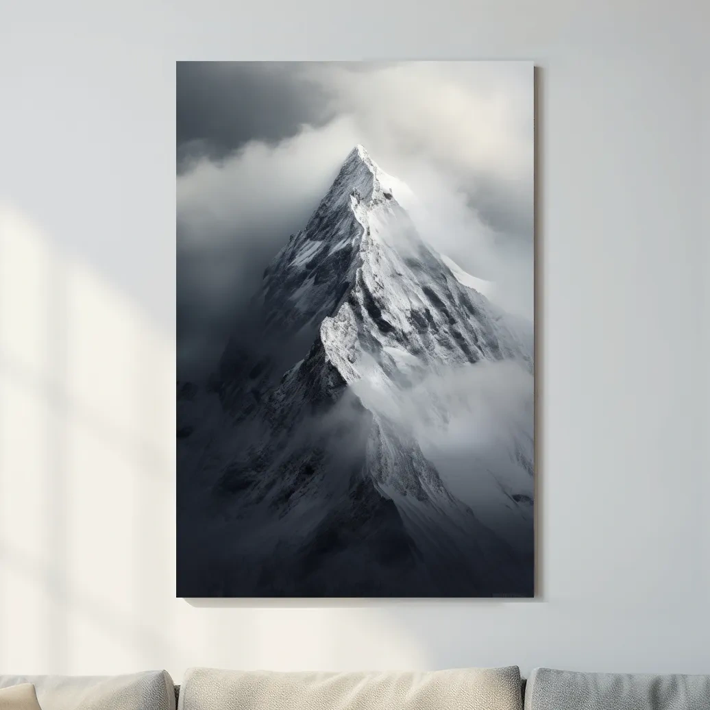 Photographic art, ominous snowy peak in the clouds