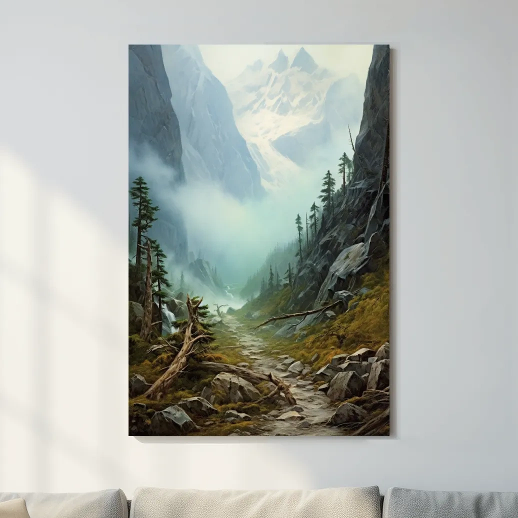 Painting of a foggy alpine scene
