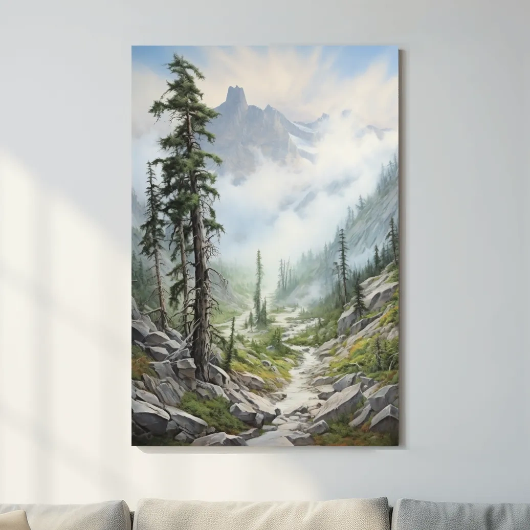 Painting of a trail leading into a foggy alpine scene
