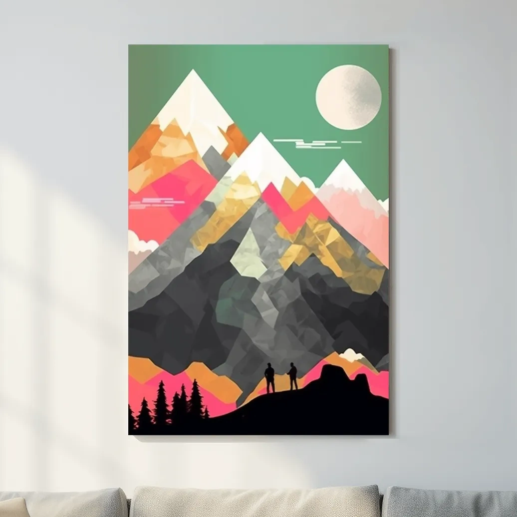 Simple flat colour 2d mountain art, colourful mountain ranges