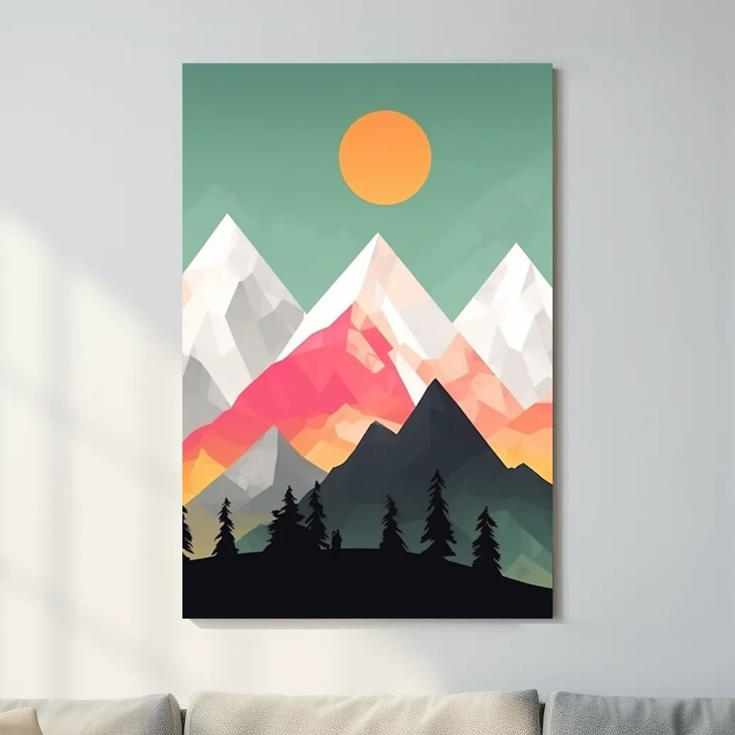 Geometric Sunset Mountain Peaks With Pine Silhouettes - Modern Colourful 2D Wall Art