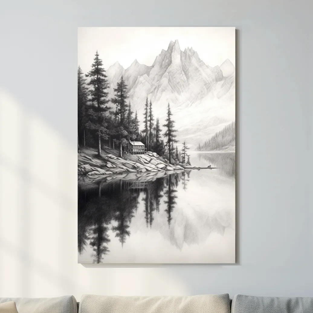 Lead pencil drawing of a cabin by an alpine lake