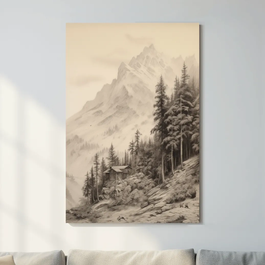 Lead pencil drawing of a cabin by a glacier